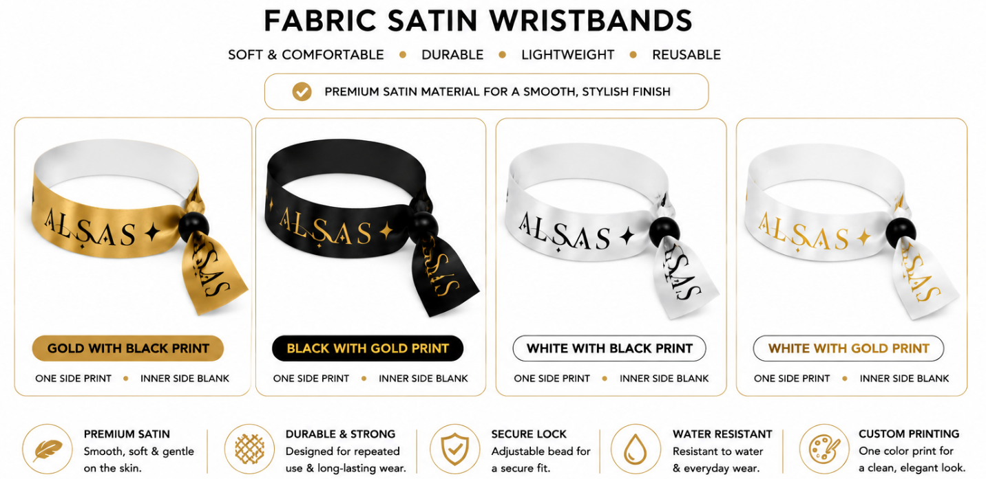 Satin foil wristbands from ALSAS catalogue